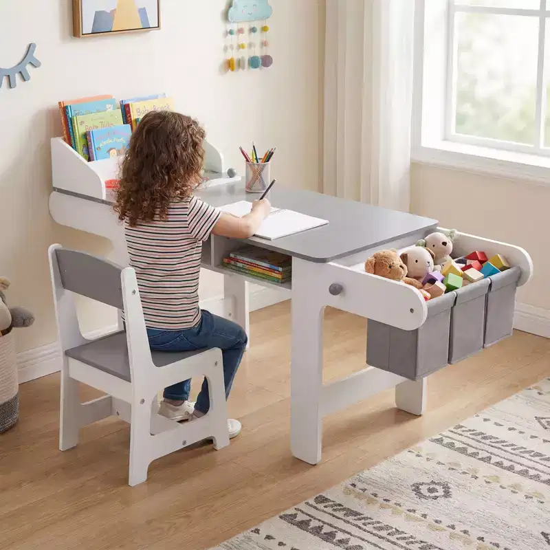 Costway Wooden Kids Art Table & Chair Set w/Paper Roll&Fabric Bins for Drawing Reading