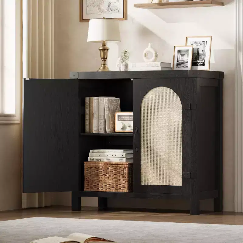 31.5 Small Rattan Buffet Cabinet with Drawer, Adjustable Shelves, Boho Farmhouse Sideboard