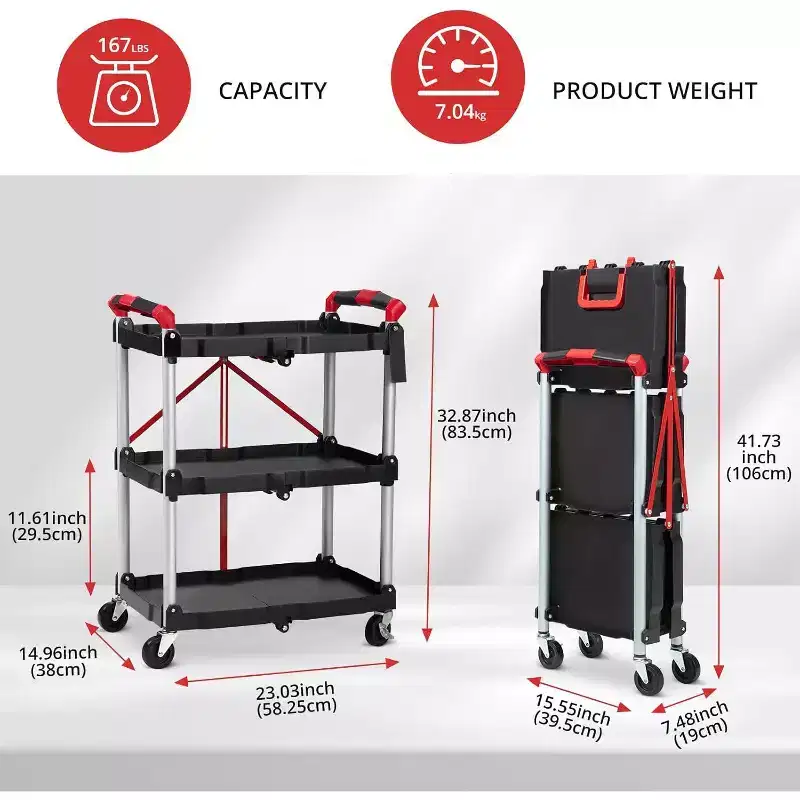3-Tier Folding Utility Cart with Locking Wheels, Heavy-Duty Rolling Service Trolley for Kitchen, Office and Garage Storage