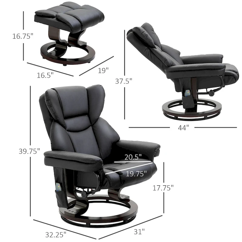 Black Faux Leather 360 Swivel Manual Recliner Set with Ottoman, 10 Vibration Massage Points, Side Pocket