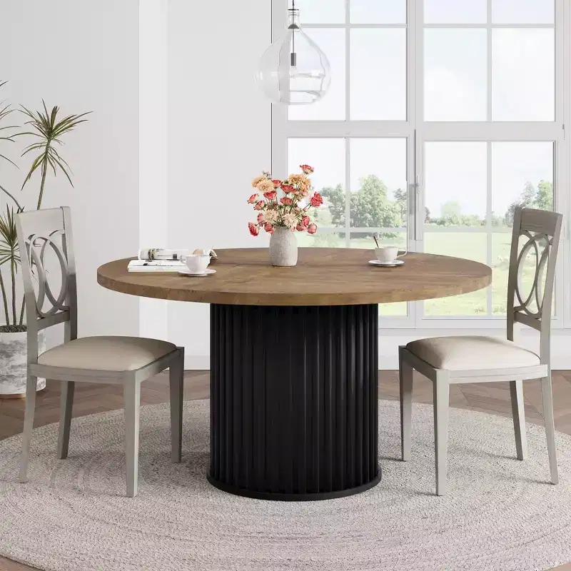 47 Round Dining Table, Seats 46  Farmhouse Style with Sturdy Wavy Metal Pedestal Base for Kitchen or Dining RoomSeats