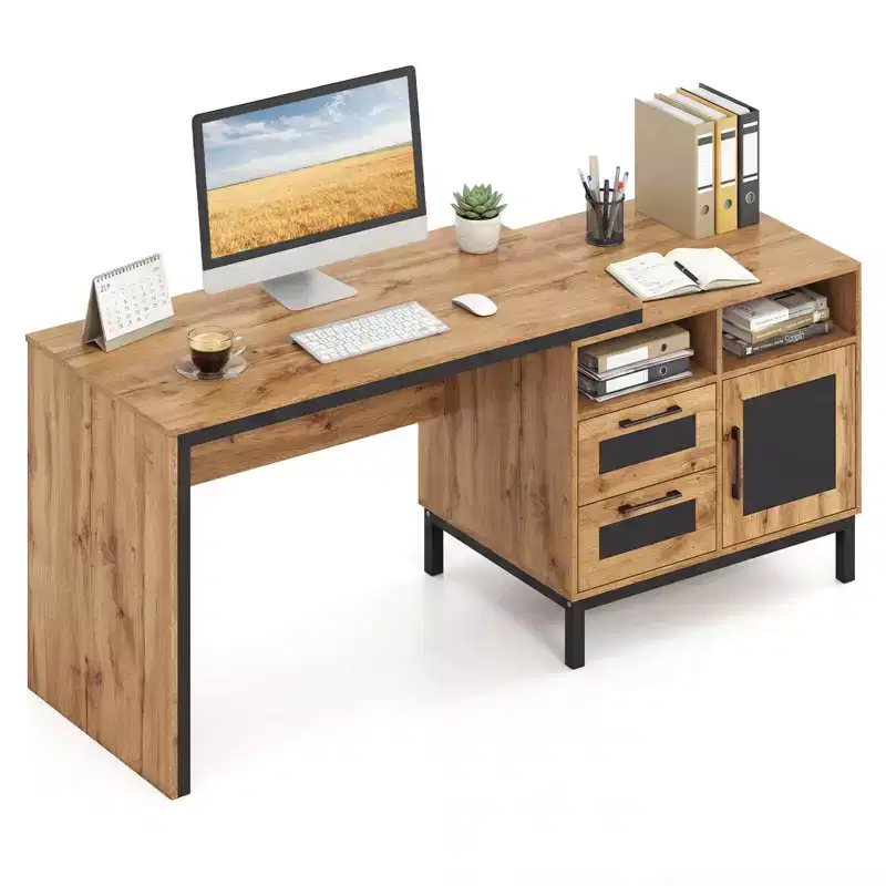 Costway 71 Executive Desk with Open Compartments, Storage Drawers & Single-Door Cabinet Natural
