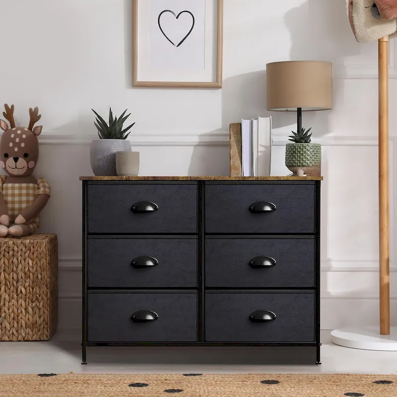 Small Dresser with 6 Drawers - Wood Farmhouse Decor Style Shelf Top