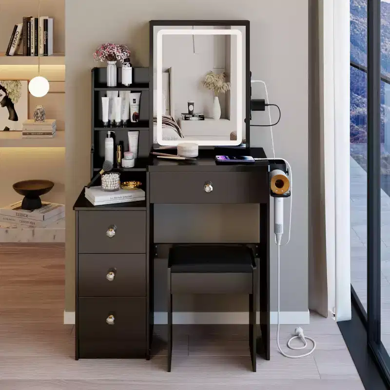 Okak Modern Bedside Cabinet Vanity Table with Touch Control LED Mirror,Dressing Desk with Cushioned Stool,Makeup Table Set for Bedrooms