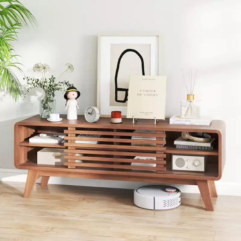 TV Stand with Sliding Door, Adjustable Shelves and Rubber Wood Legs for TVs up to 55