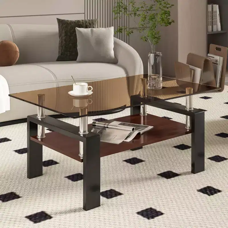 Okak Rectangle Modern 2-Tier Coffee Table with Tempered Glass Top & Metal Legs,Accent Center Table with MDF Layer for Living Room