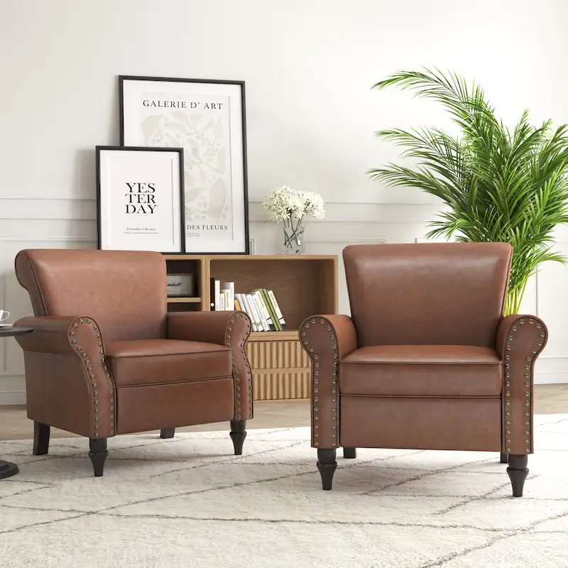 Rolled Armrests PU Accent Chair with Nailhead Trim (Set of 2)