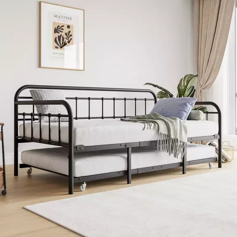 MAYEERTY Twin Size Metal Daybed Frame with Trundle, Heavy Duty Sofa Bed Platform, No Box Spring Needed, Black