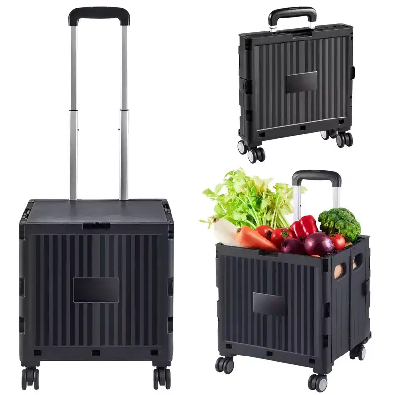 Foldable Rolling Utility Cart, 110 lb Capacity Portable Crate with Telescoping Handle and 4 Swivel Wheels, Black