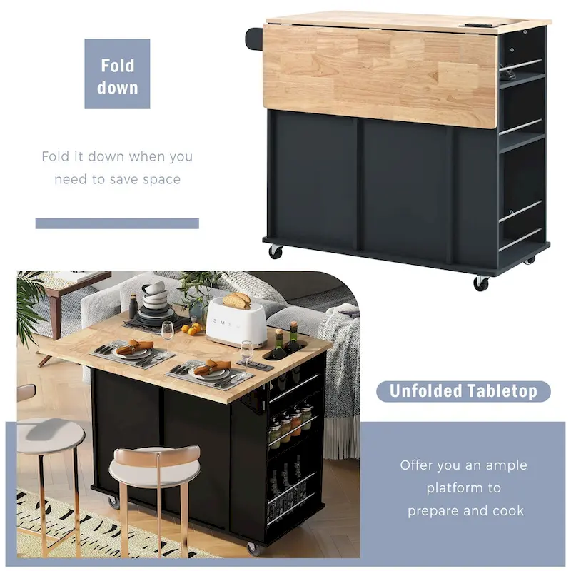 Adjustable Shelves Kitchen Island with Power Outlet and Drop Leaf
