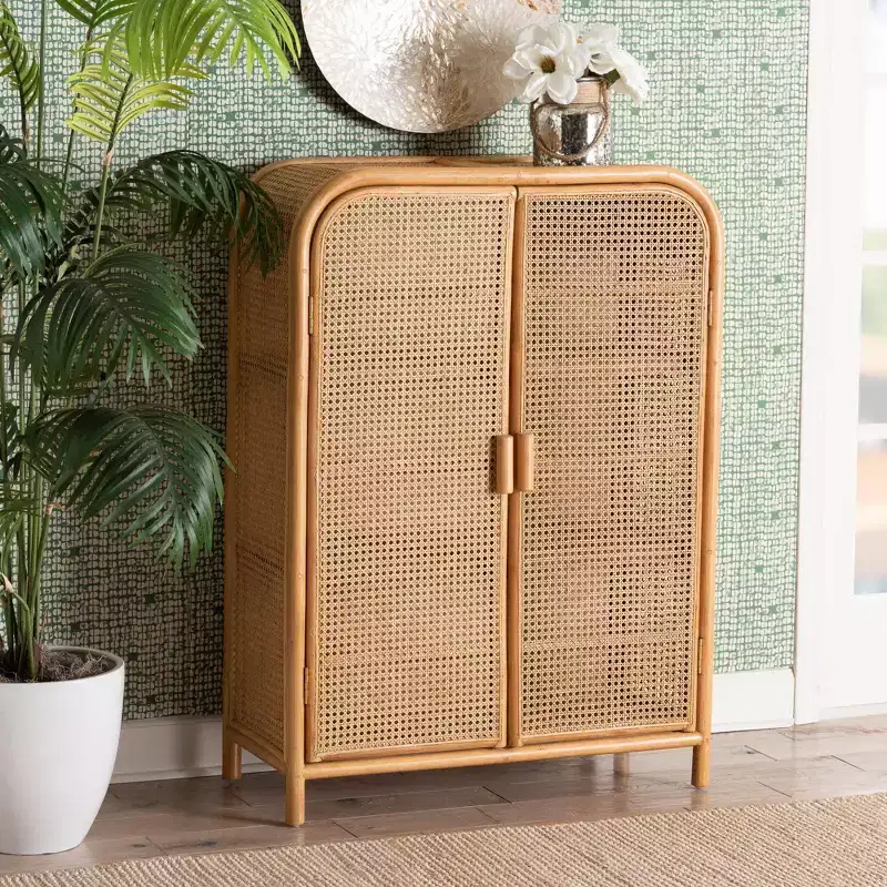 Rattan 2 Door Storage Cabinet Light honey: Plywood Frame, Fixed Shelves, No Assembly Required