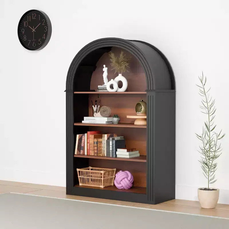 4-Tier Wooden Arched Open Floor Bookcase, Large Storage Organizer for Library, Bedroom, Living Room, Black