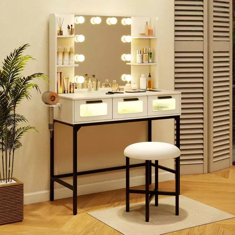 Makeup Vanity Desk with Hollywood Mirror & Lights 3-Color Induction Lighting