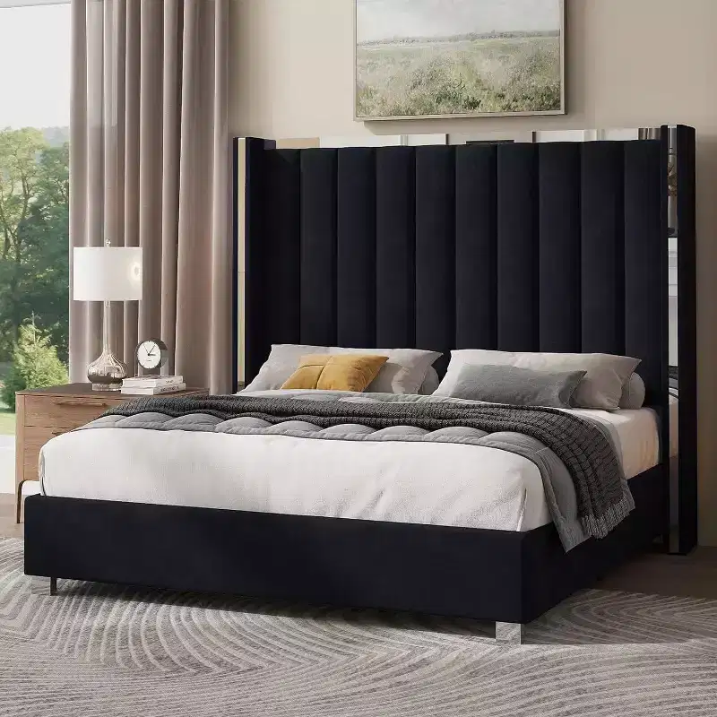 Bed Frame with 58 tall Headboard, Velvet Upholstered Platform Bed