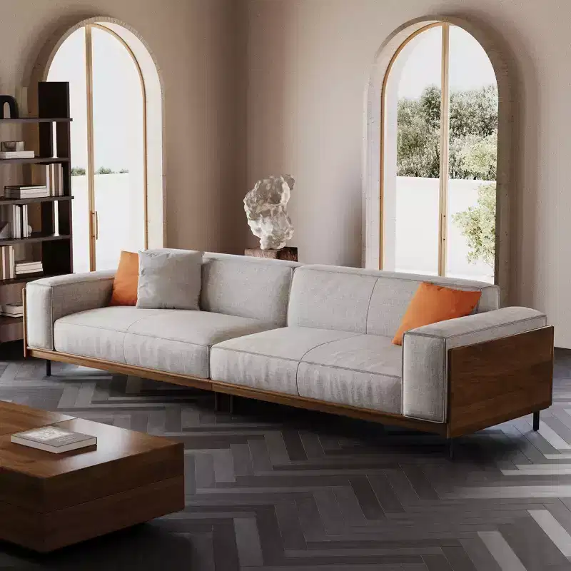 Mid-Century Modern sofas 111.81in Cotton sofa suitable for living room, with 3 pillows/Gray&Removable Slipcover
