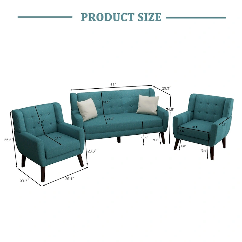 3-Piece Tufted Linen Armchair and Loveseat Set