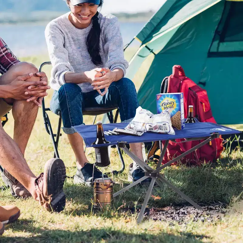 Outdoor Folding Camp Table with 2 Cupholders and Carrying Bag, Blue