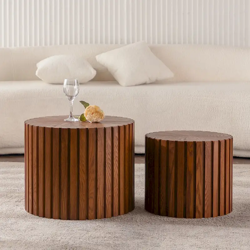 Round Wood Coffee Table with Carved Relief, Pre-Assembled