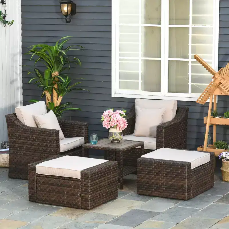Outsunny 5 Piece Patio Furniture Set, All Weather PE Rattan Conversation Chair & Ottoman Set w/ Table, Cushions & Pillows Included