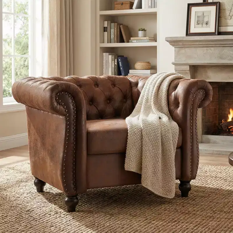 Chesterfield Club Chair Upholstered Accent Chair Single Sofa Chair Leisure Chair with Scrolled Arm, Nailhead Trim & Solid Wood Leg, Brown - ModernLuxe