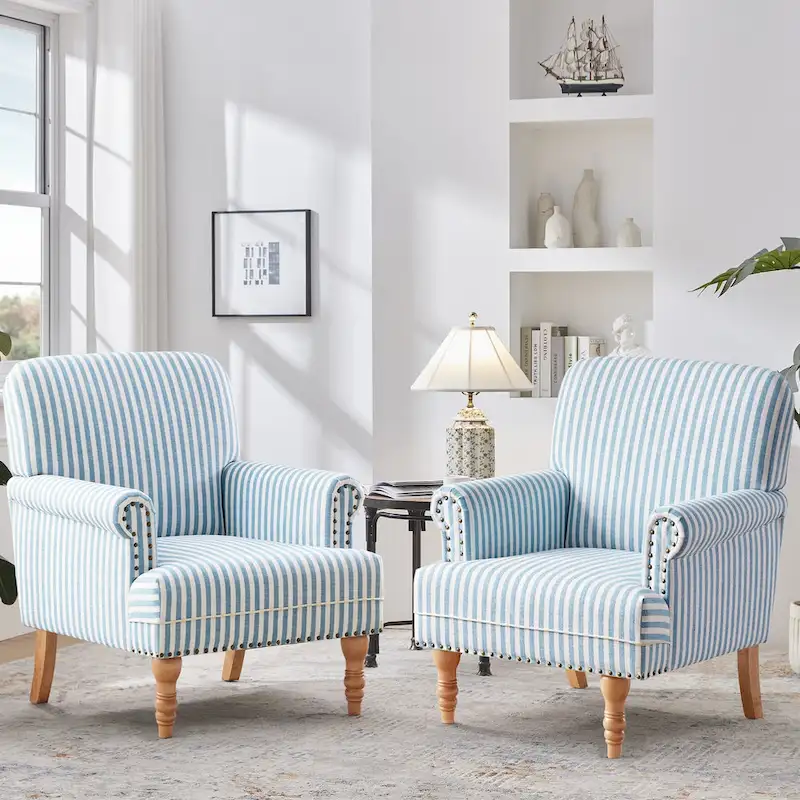 Rolled Armchair Accent Chair Set of 2 Blue/ Grey/ Brown