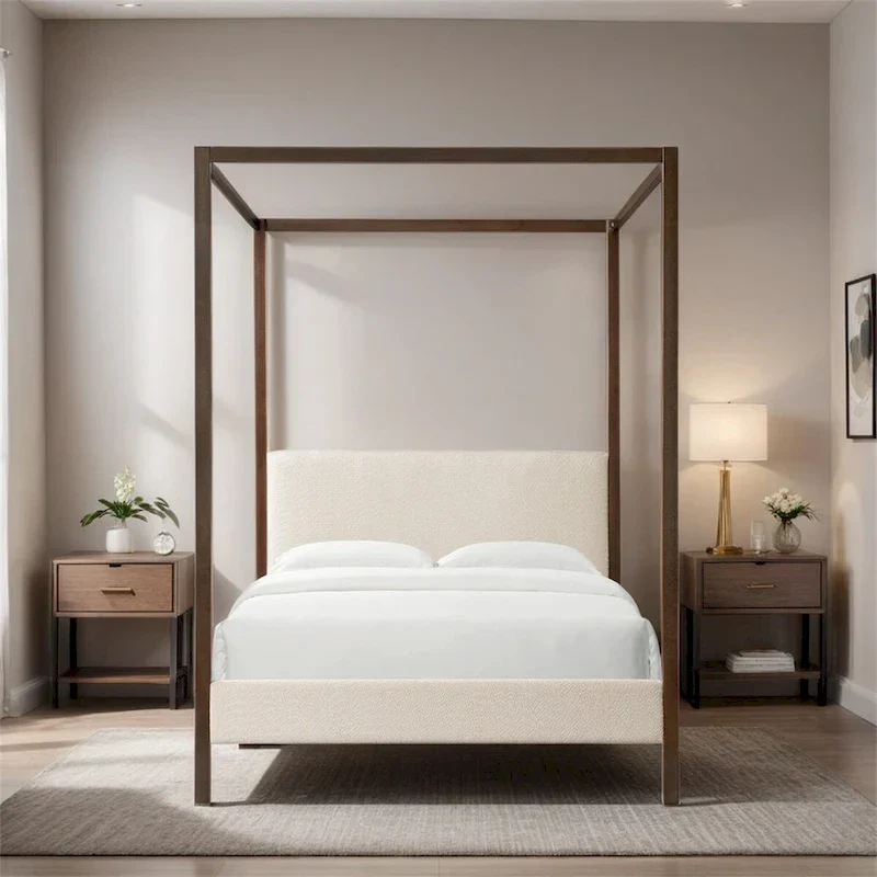 Cream White Queen Size Canopy Upholstered Platform Bed with Boucle Headboard – Mattress Not Included