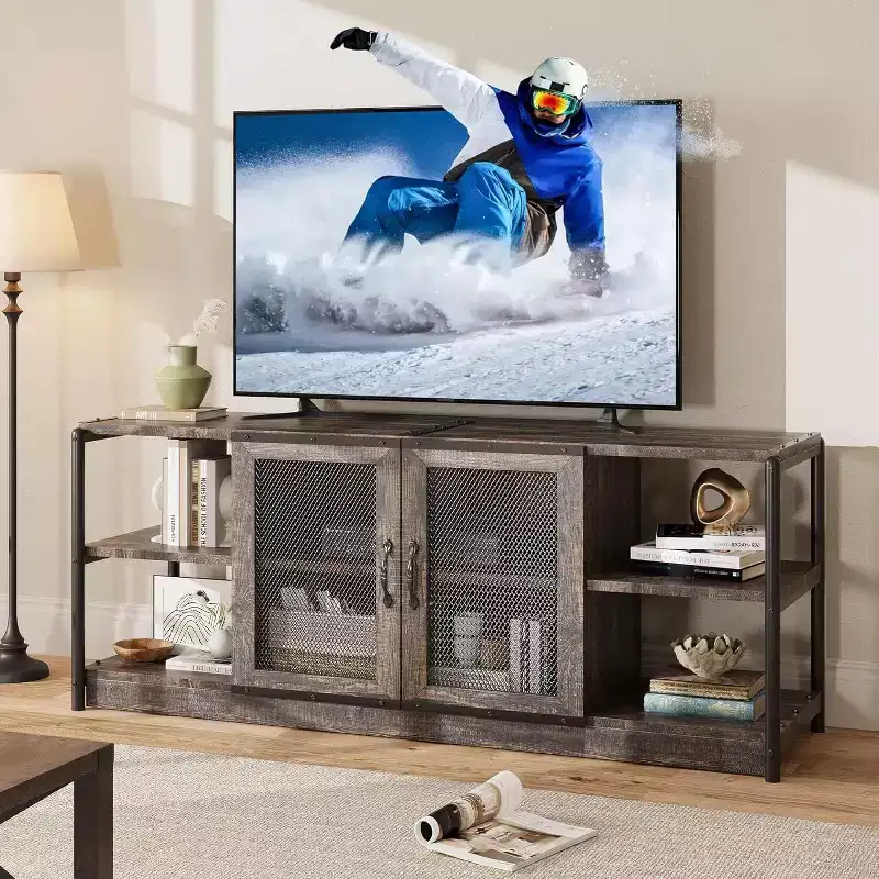 TV stand, suitable for TVs 65 inches and above, with mesh doors and shelves, rustic style, storage function, living room furniture.