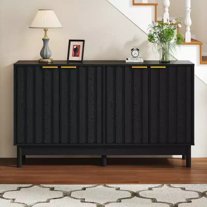 Black / White Fluted Sideboard Buffet Cabinet with 4 Doors & Adjustable Shelves, 55