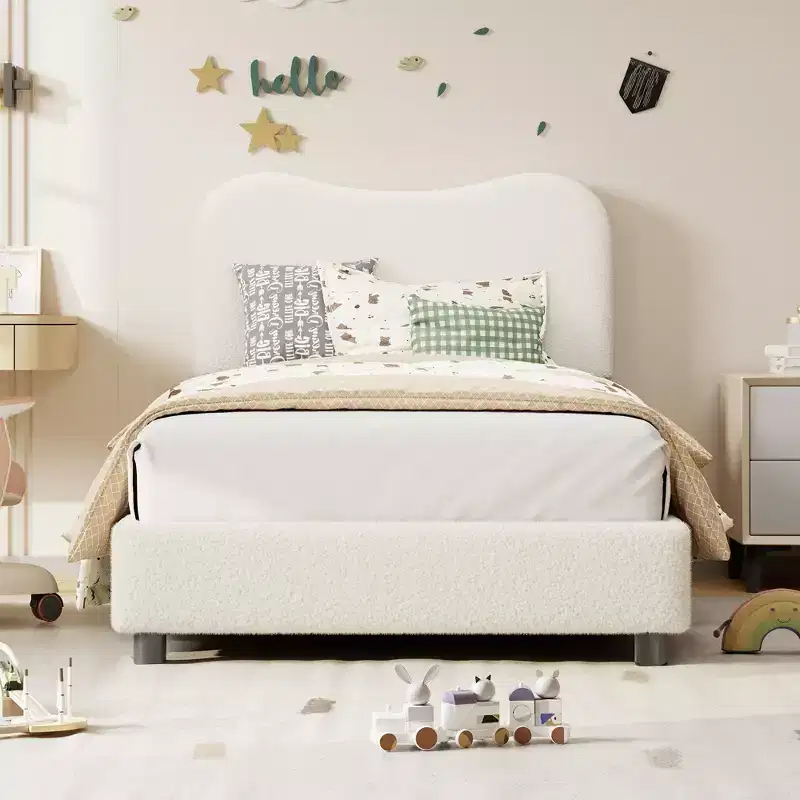 Upholstered children's bed frame, low platform design, sturdy wooden slats, no spring mattress required, quiet, and easy to assemble.
