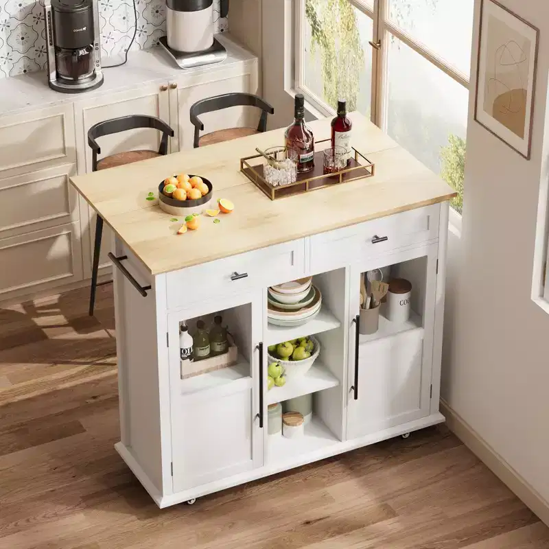 Rolling Kitchen Island Table on Wheels with Drop Leaf, Storage Cabinet, Drawer, Spice/Towel Rack, Kitchen Cart, 41 Wide White