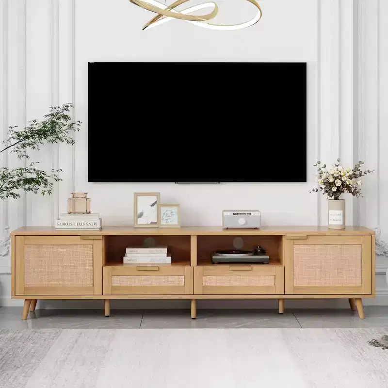 Modern Rattan TV Cabinet with Open Storage Shelves and Sturdy Wood Legs, Home Entertainment Center for Game Rooms, Living Rooms, Bedrooms, Offices