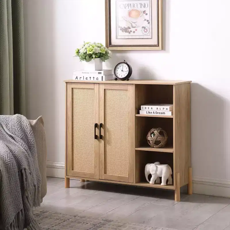 Mid-Century Storage Cabinet with Rattan Doors, Adjustable Shelves, Open Shelves, Boho Accent Cabinet for Living Room, Entryway - Panipeachy