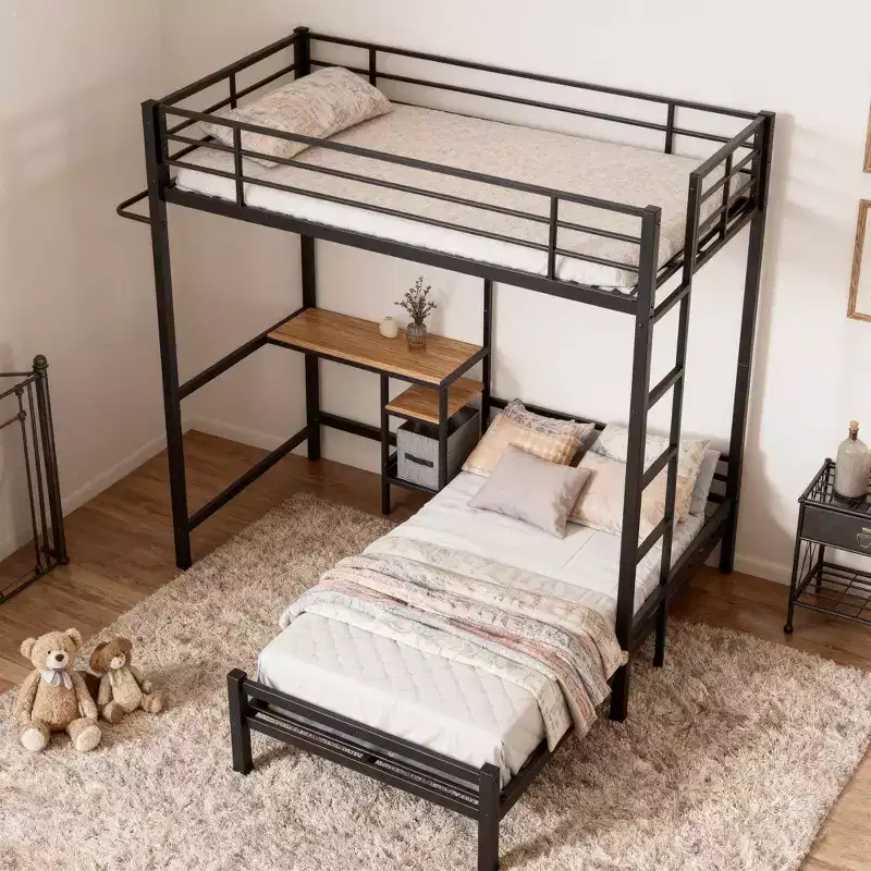 Modern Metal Twin Over Twin L-Shaped Bunk Bed with Desk Station and Drawers