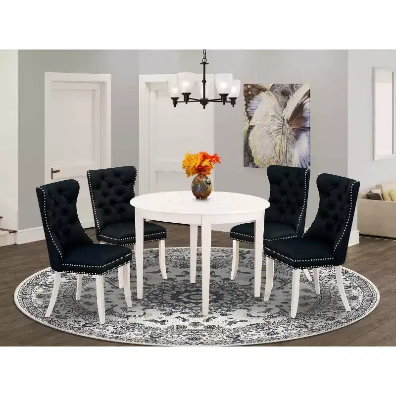 5-Piece Linen white Solid Wood Top-Round Dining Room Set-Seats 4