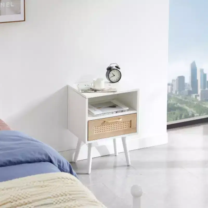 15.75 Rattan End table with drawer and solid wood legs, Modern nightstand, side table for living room, bedroom, white