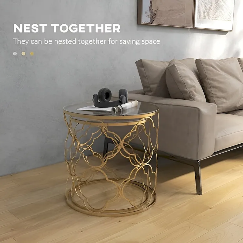 Coffee Table Set of 2 with Glass Top and Metal Wire, Round Side End Table