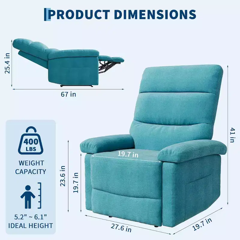 Recliner Chair for Adults, Manual Fabric Recliner with Side Pocket, Adjustable Single Sofa with Ergonomic Back Support for Living Room, Bedroom