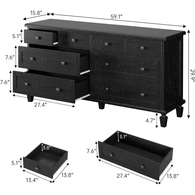 8 Drawer Dresser for Bedroom, Vintage 59 Dresser TV Stand with Carved Handles and Tapered Legs, Wood Chests of Drawers with Large Capacity Storage