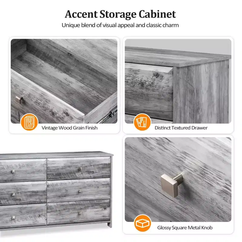 Karl Home 6-Drawer Grey MDF (Medium-Density Fiberboard) 53.94in. W Chest of Drawer