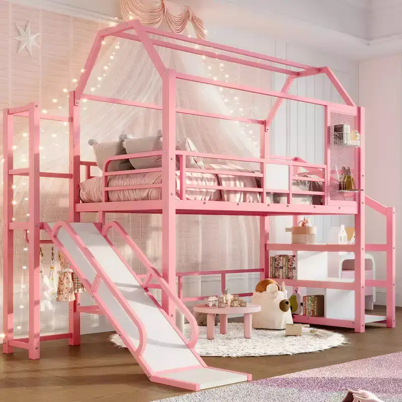 Bellemave House Loft Bed with Slide and Storage Stairs,Metal House Loft Bed Frame for Kids and Teens