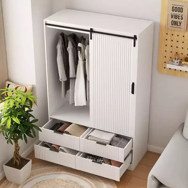 Wardrobe Closet with 2 DoorsRattan Bedroom Armoires with Hanging Rod Freestanding Wooden Wardrobe Cabinet with Shelves