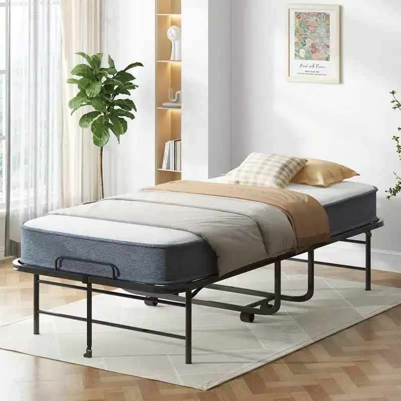 Folding Bed with 5'' Mattress, Portable Guest Bed Camping Cot, Soft Padded Rollaway Sleeping Bed with Wheels, Twin Size