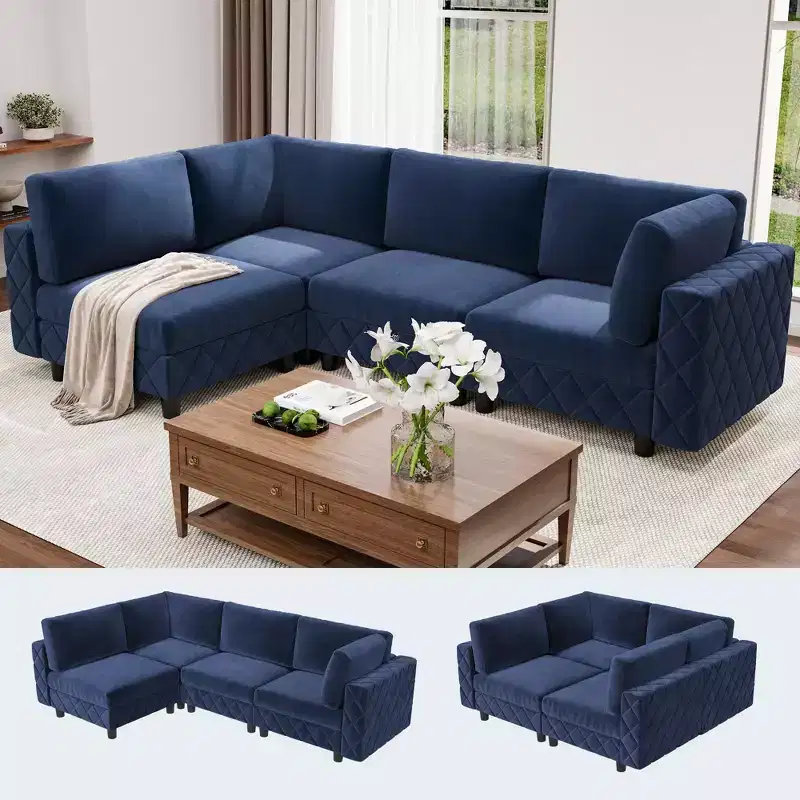 134 Blue Velvet L-Shaped Modular Sectional Sofa C 4-Seater Cloud Couch with High-Density Sponge for Living Room & Apartment