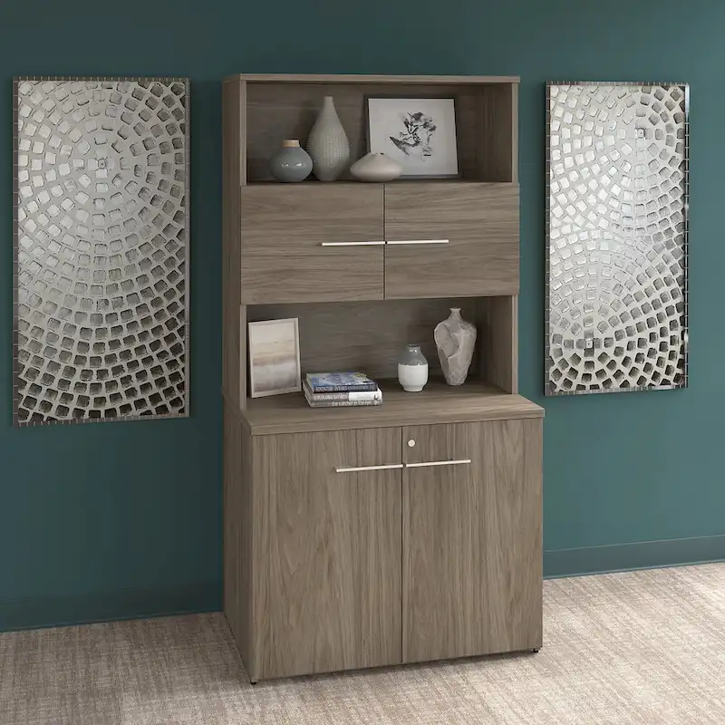 Tall Office Storage Cabinet with Doors, 2 Open Shelves, Lockable, ANSI/BIFMA Certified, 36W