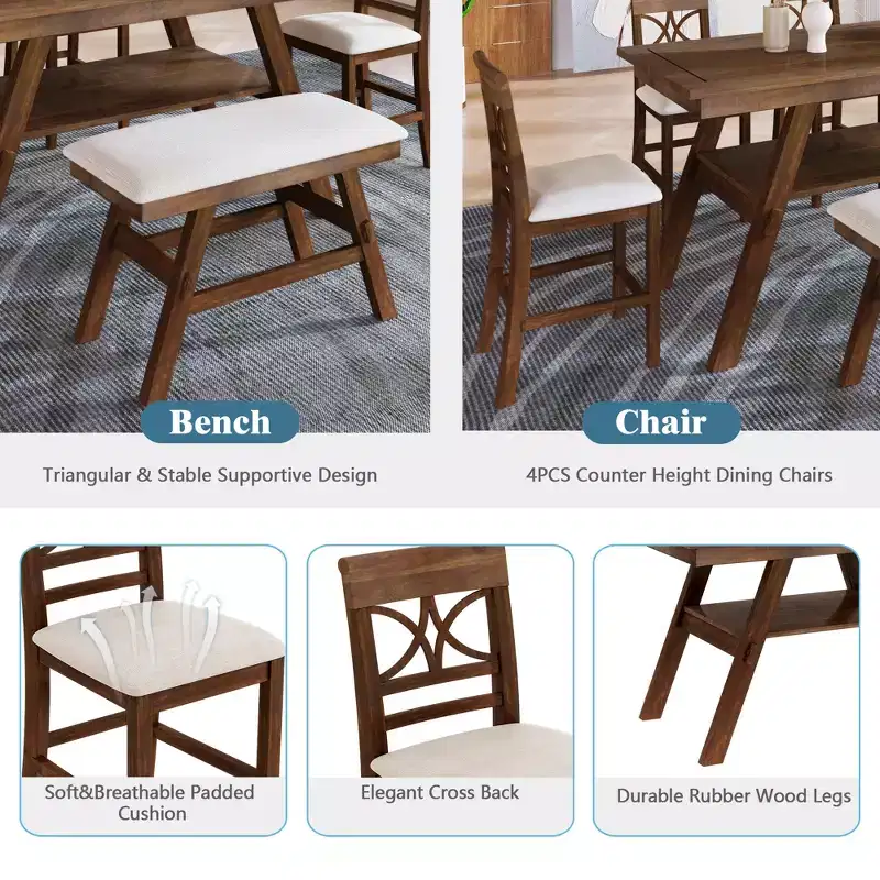 Whisen Rustic 6-Piece Counter Height Dining Table Set with Bench and 4 Upholstered Chairs