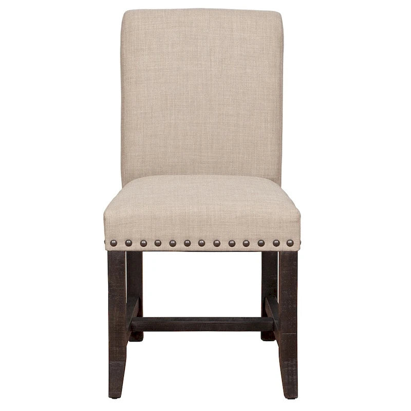 Fabric Upholstered Wooden Side Chair with Nail Head Trim Accents, Beige and Black