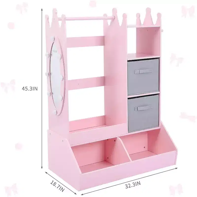 COZONY Girls' Dress Up Storage Wardrobe with Lighted Mirror, Toy Organizer