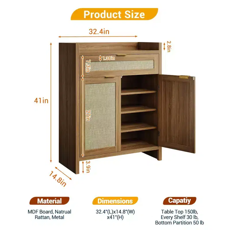 32.4 Farmhouse Rattan Shoe Cabinet - Boho Style 5-Tier Storage Organizer with Doors & Shelves for Entryway, Hallway & Closet (Oak Finish)