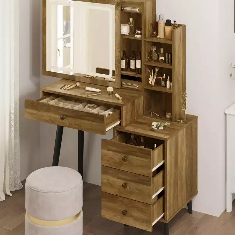 Vanity Desk with Lighted Mirror, 3 Color Dimmable Hollywood Makeup Table with 4 Drawers