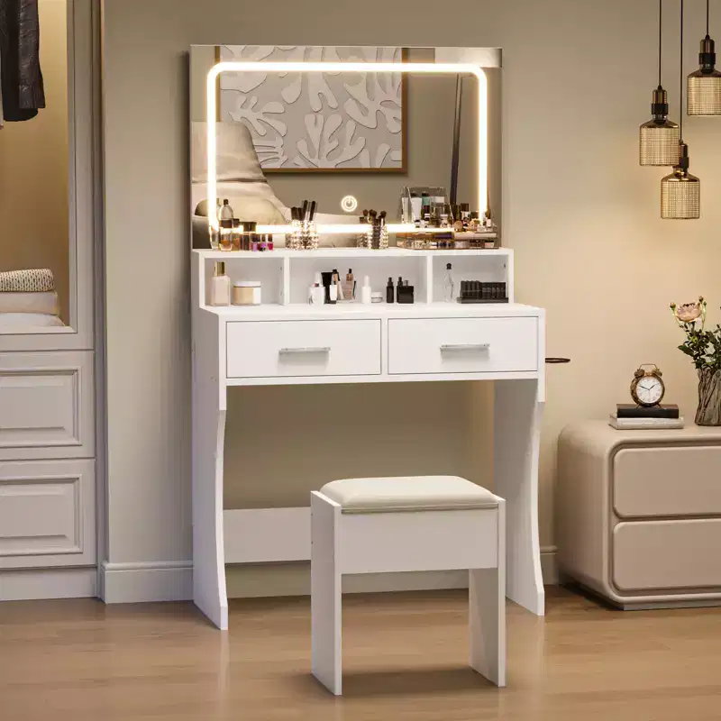 Vanity Table with LED Lighted Mirror, Modern Makeup Vanity Desk with Storage Drawers & Open Shelves, Vanity Set with Stool for Bedroom